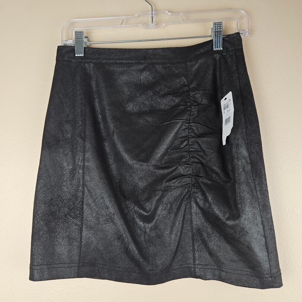 Free People Black Rumi Ruched Faux Leather Mini Skirt Small